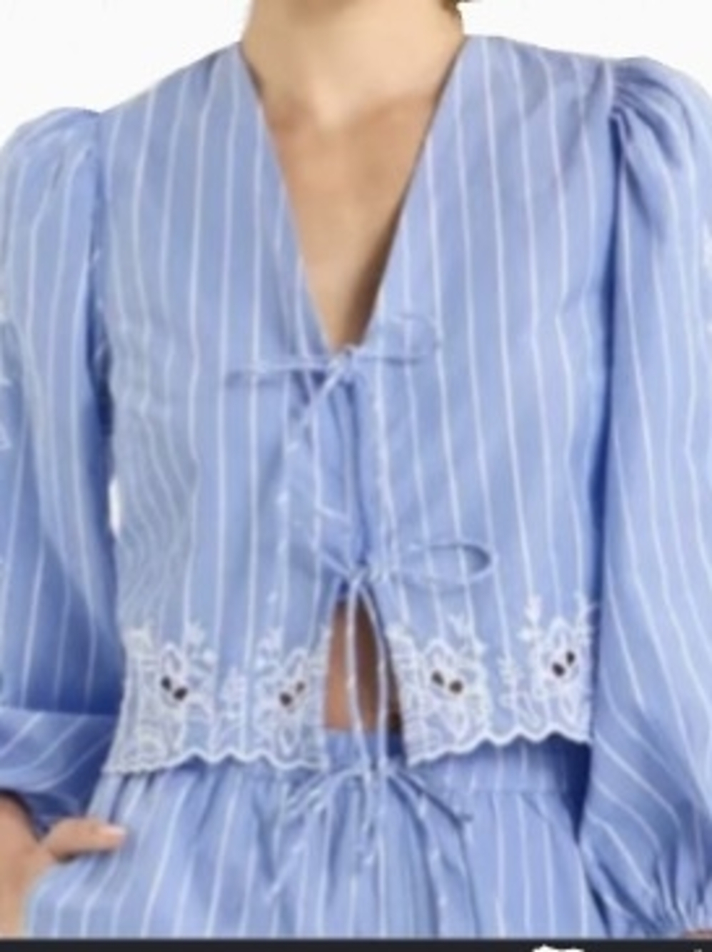 Blue Striped Tie-Front Blouse with Eyelet Hem